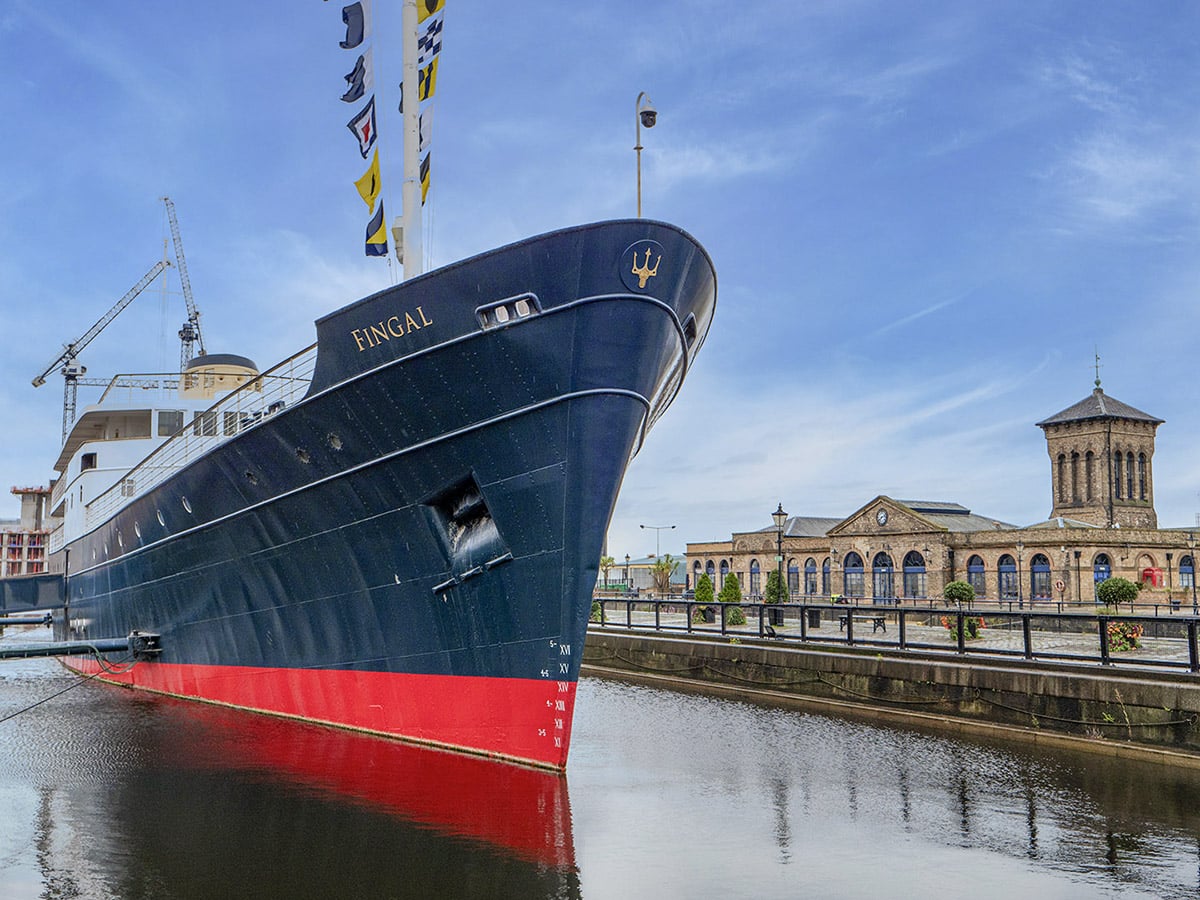 Fingal Edinburgh luxury floating hotel is moored in Leith